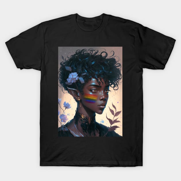 Cute LGBT+ Anime Black Floral Prince T-Shirt by GothicDesigns